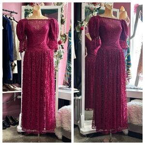 Vintage 80s Lace Maxi Dress Burgundy Red Puff Sleeves Prairie Victorian XXS XS